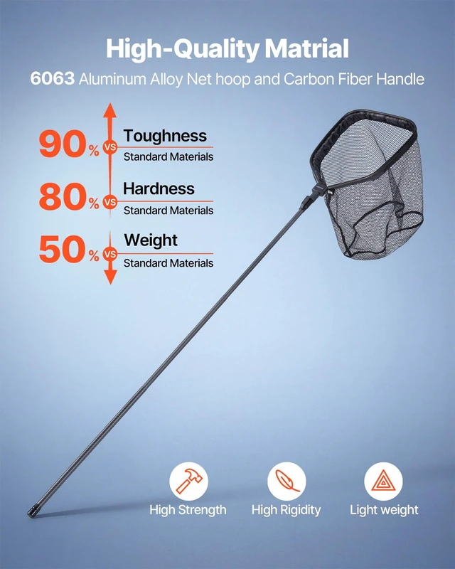 Alt view image 2 of 8 - VEVOR Fishing Net, Foldable Landing Nets with Telescopic Handle, Portable Lightweight Carbon Fiber Long Fish Gear, Nylon Covered PVC, Durable and Fish-friendly, for Kayak Boat Bank Pond, Gifts for Men