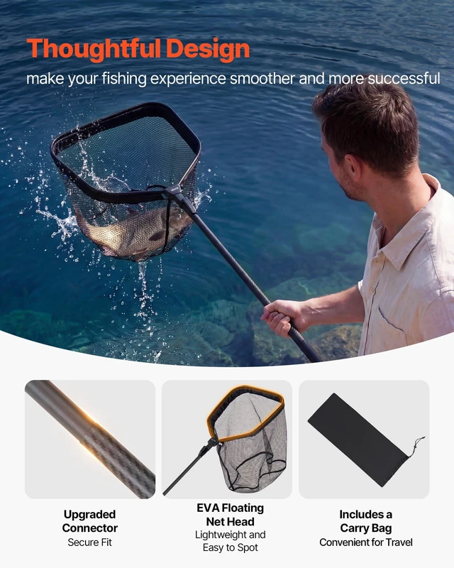 Alt view image 4 of 8 - VEVOR Fishing Net, Foldable Landing Nets with Telescopic Handle, Portable Lightweight Carbon Fiber Long Fish Gear, Nylon Covered PVC, Durable and Fish-friendly, for Kayak Boat Bank Pond, Gifts for Men