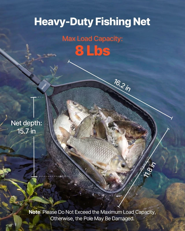 Alt view image 5 of 8 - VEVOR Fishing Net, Foldable Landing Nets with Telescopic Handle, Portable Lightweight Carbon Fiber Long Fish Gear, Nylon Covered PVC, Durable and Fish-friendly, for Kayak Boat Bank Pond, Gifts for Men