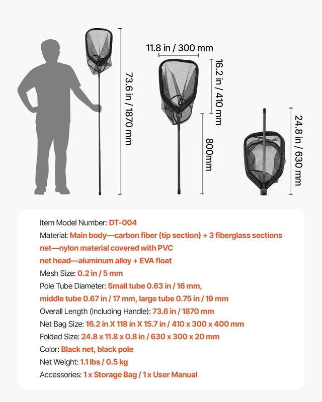 Alt view image 7 of 8 - VEVOR Fishing Net, Foldable Landing Nets with Telescopic Handle, Portable Lightweight Carbon Fiber Long Fish Gear, Nylon Covered PVC, Durable and Fish-friendly, for Kayak Boat Bank Pond, Gifts for Men