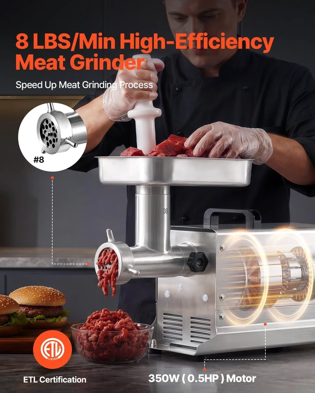 Alt view image 2 of 8 - VEVOR Commercial Meat Grinder, 8 Lbs/Min Capacity, #8 Electric Meat Mincer with 3 Plates, 3 Sausage Stuffing Tubes, 350W/0.5HP Stainless Steel Sausage Maker for Home Kitchens & Restaurants, ETL Listed