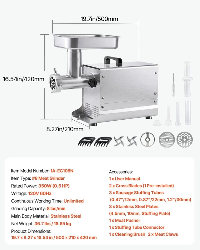 Alt view image 7 of 8 - VEVOR Commercial Meat Grinder, 8 Lbs/Min Capacity, #8 Electric Meat Mincer with 3 Plates, 3 Sausage Stuffing Tubes, 350W/0.5HP Stainless Steel Sausage Maker for Home Kitchens & Restaurants, ETL Listed