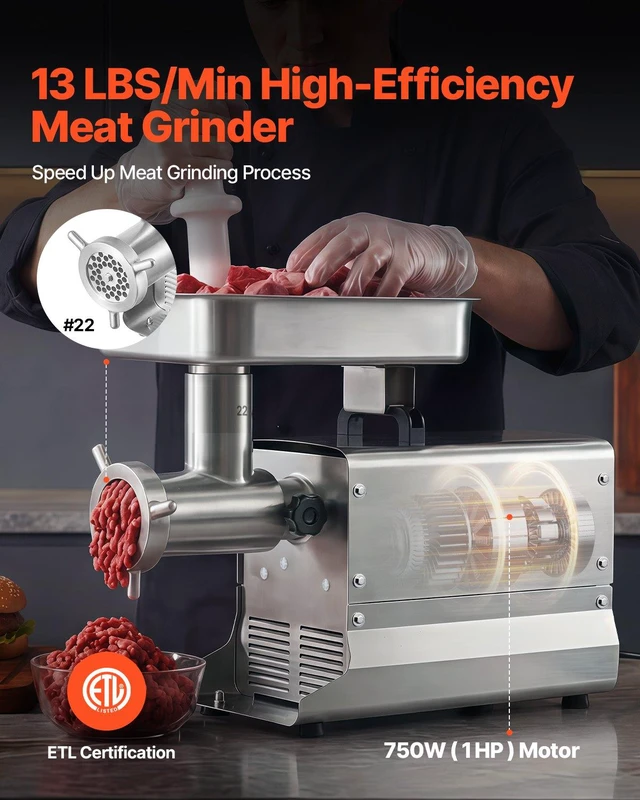 Alt view image 2 of 8 - VEVOR Commercial Meat Grinder, 13 Lbs/Min Capacity, #22 Electric Meat Mincer with 3 Plates, 3 Sausage Stuffing Tubes, 750W/1HP Stainless Steel Sausage Maker for Home Kitchen & Restaurants, ETL Listed