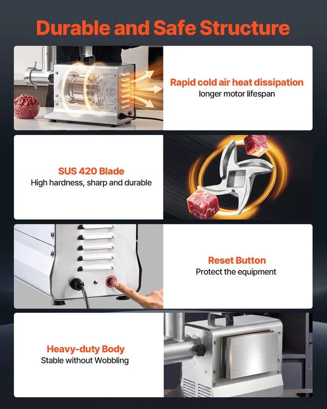 Alt view image 5 of 8 - VEVOR Commercial Meat Grinder, 13 Lbs/Min Capacity, #22 Electric Meat Mincer with 3 Plates, 3 Sausage Stuffing Tubes, 750W/1HP Stainless Steel Sausage Maker for Home Kitchen & Restaurants, ETL Listed