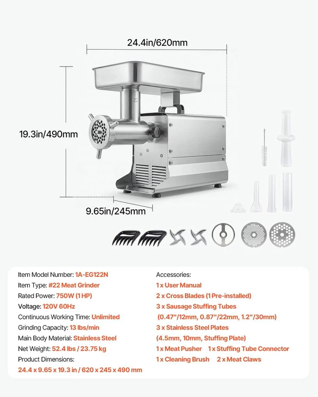 Alt view image 7 of 8 - VEVOR Commercial Meat Grinder, 13 Lbs/Min Capacity, #22 Electric Meat Mincer with 3 Plates, 3 Sausage Stuffing Tubes, 750W/1HP Stainless Steel Sausage Maker for Home Kitchen & Restaurants, ETL Listed
