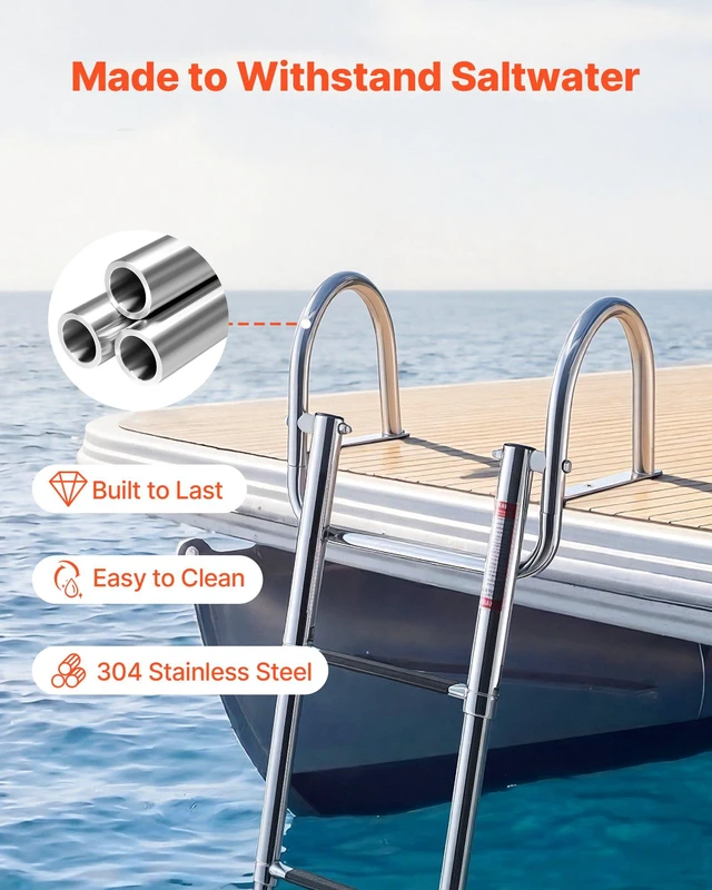 Alt view image 2 of 8 - VEVOR Boat Ladder, 4 Steps, Stainless Steel Telescoping Folding Swim Deck Ladder for Rear Entry Inboard, 600 lbs Capacity with Wide Anti-Slip Steps & Handrails, for Outboards, Yacht, Pontoon Boats