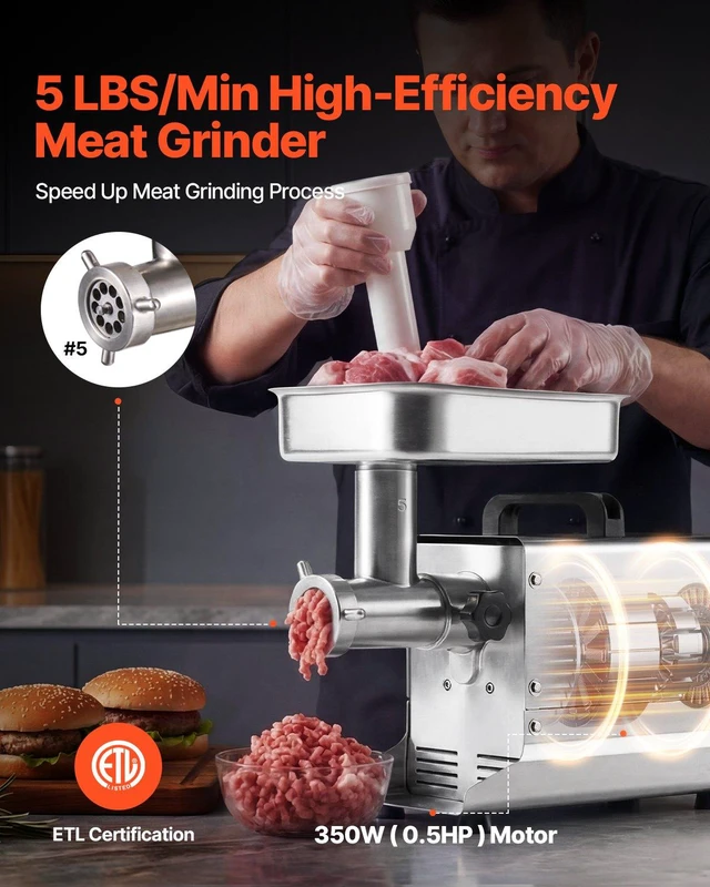 Alt view image 2 of 8 - VEVOR Commercial Meat Grinder, 5 Lbs/Min Capacity, #5 Electric Meat Mincer with 3 Plates, 3 Sausage Stuffing Tubes, 350W/0.5HP Stainless Steel Sausage Maker for Home Kitchens & Restaurants, ETL Listed