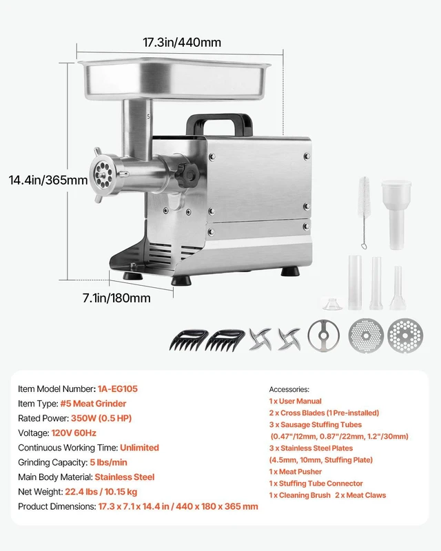 Alt view image 7 of 8 - VEVOR Commercial Meat Grinder, 5 Lbs/Min Capacity, #5 Electric Meat Mincer with 3 Plates, 3 Sausage Stuffing Tubes, 350W/0.5HP Stainless Steel Sausage Maker for Home Kitchens & Restaurants, ETL Listed