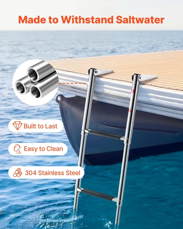 Alt view image 2 of 8 - VEVOR Boat Ladder, 3 Steps, Stainless Steel Telescoping Folding Swim Deck Ladder for Rear Entry Inboard, Heavy Duty 600 lbs Capacity with Wide Anti-Slip Steps, for Outboards, Yacht, Pontoon Boats
