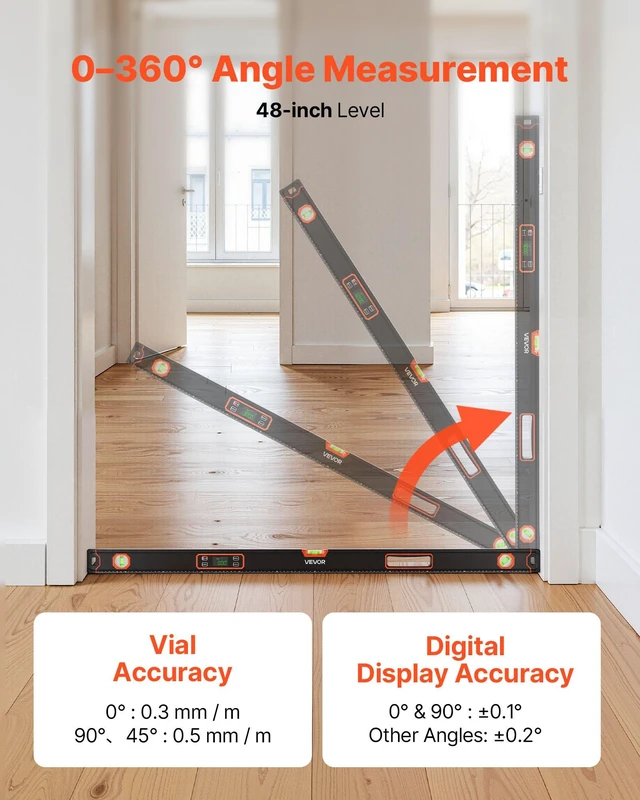 Alt view image 2 of 8 - VEVOR Digital Level, 48 in Length, Magnetic Electronic Level with LED Backlit Display, 360° Electronic Leveler Tool with 0°/45°/90° Bubble Vials, IP54 Rating for Construction Carpentry Home Renovation