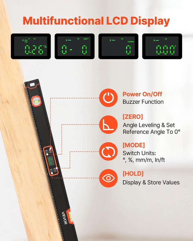 Alt view image 3 of 8 - VEVOR Digital Level, 48 in Length, Magnetic Electronic Level with LED Backlit Display, 360° Electronic Leveler Tool with 0°/45°/90° Bubble Vials, IP54 Rating for Construction Carpentry Home Renovation