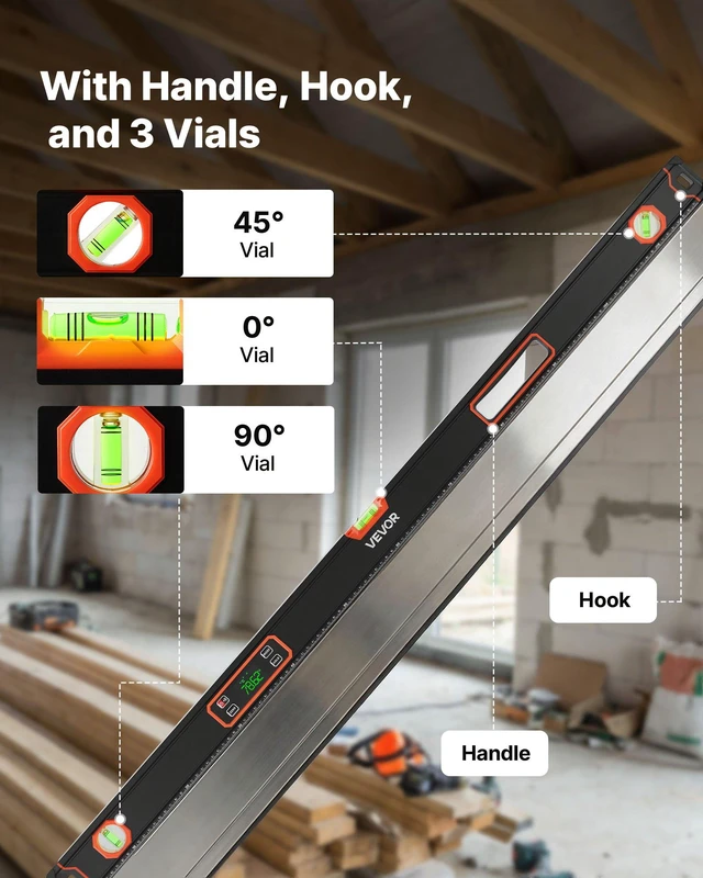Alt view image 6 of 8 - VEVOR Digital Level, 48 in Length, Magnetic Electronic Level with LED Backlit Display, 360° Electronic Leveler Tool with 0°/45°/90° Bubble Vials, IP54 Rating for Construction Carpentry Home Renovation