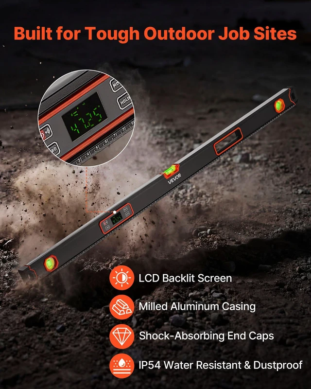 Alt view image 5 of 8 - VEVOR Digital Level, 48 in Length, Magnetic Electronic Level with LED Backlit Display, 360° Electronic Leveler Tool with 0°/45°/90° Bubble Vials, IP54 Rating for Construction Carpentry Home Renovation