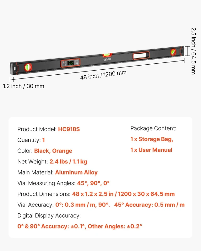 Alt view image 7 of 8 - VEVOR Digital Level, 48 in Length, Magnetic Electronic Level with LED Backlit Display, 360° Electronic Leveler Tool with 0°/45°/90° Bubble Vials, IP54 Rating for Construction Carpentry Home Renovation