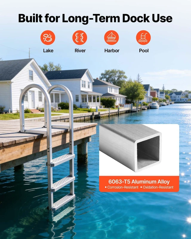 Alt view image 5 of 8 - VEVOR Removable Dock Ladder, 4 Steps, Aluminum Alloy Pontoon Boat Swim Ladder, with Non-Slip Wide PP Steps, 500 lbs Weight Capacity, Quick Release Design, for Lake Swimming, Pool, Marine Boarding