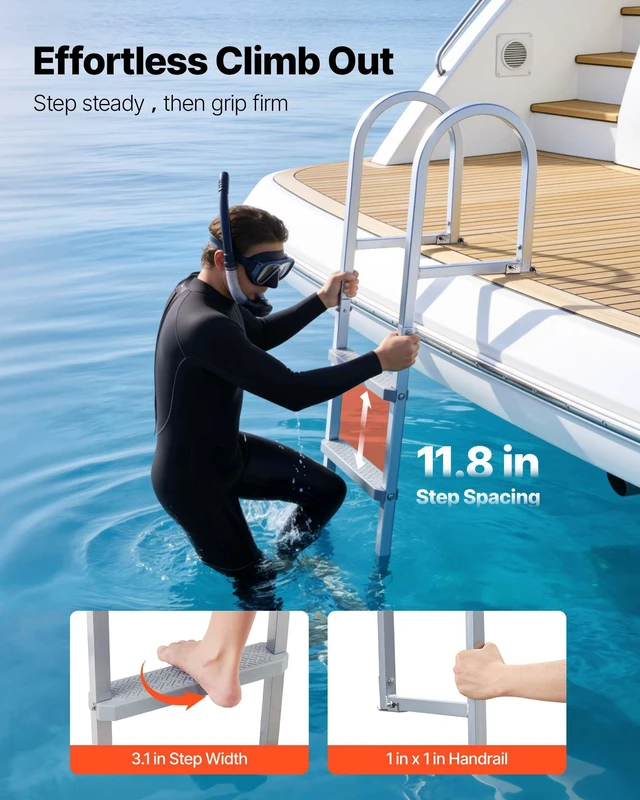 Alt view image 4 of 8 - VEVOR Removable Dock Ladder, 5 Steps, Aluminum Alloy Pontoon Boat Swim Ladder, with Non-Slip Wide PP Steps, 500 lbs Weight Capacity, Quick Release Design, for Lake Swimming, Pool, Marine Boarding