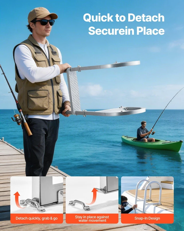 Alt view image 6 of 8 - VEVOR Removable Dock Ladder, 5 Steps, Aluminum Alloy Pontoon Boat Swim Ladder, with Non-Slip Wide PP Steps, 500 lbs Weight Capacity, Quick Release Design, for Lake Swimming, Pool, Marine Boarding