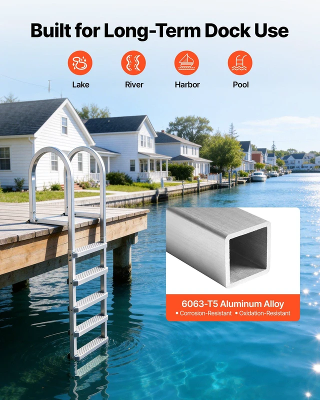 Alt view image 5 of 8 - VEVOR Removable Dock Ladder, 5 Steps, Aluminum Alloy Pontoon Boat Swim Ladder, with Non-Slip Wide PP Steps, 500 lbs Weight Capacity, Quick Release Design, for Lake Swimming, Pool, Marine Boarding