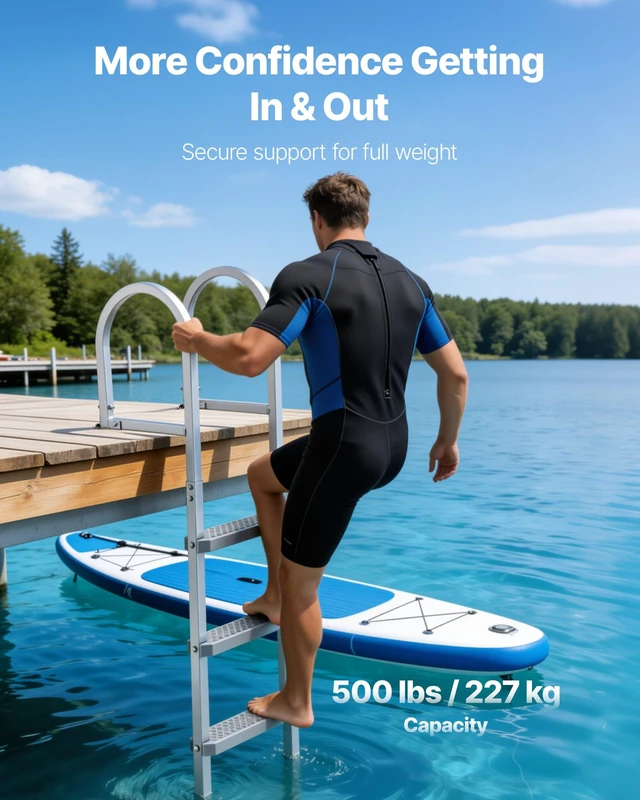 Alt view image 2 of 8 - VEVOR Removable Dock Ladder, 5 Steps, Aluminum Alloy Pontoon Boat Swim Ladder, with Non-Slip Wide PP Steps, 500 lbs Weight Capacity, Quick Release Design, for Lake Swimming, Pool, Marine Boarding
