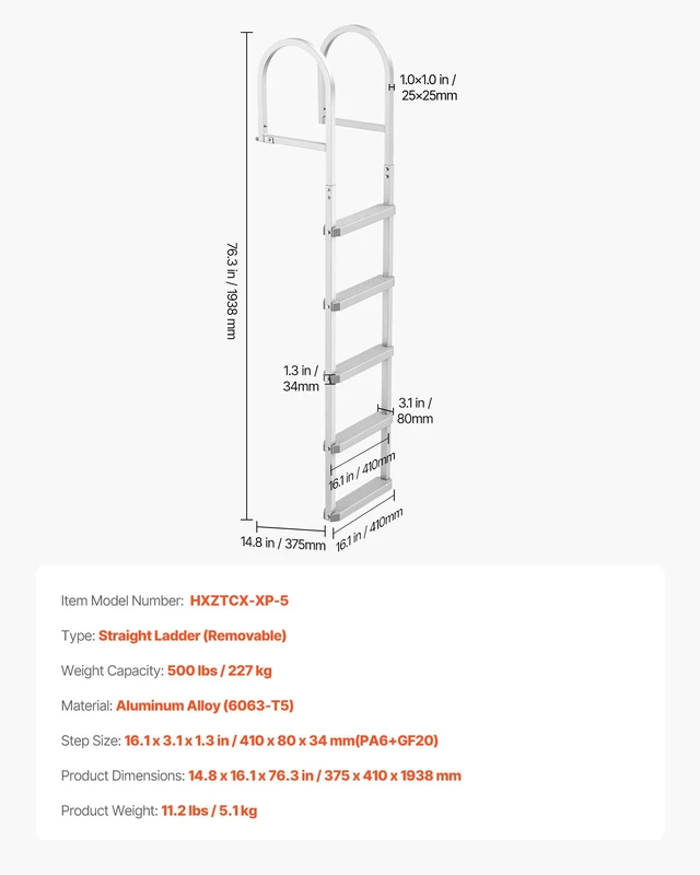 Alt view image 7 of 8 - VEVOR Removable Dock Ladder, 5 Steps, Aluminum Alloy Pontoon Boat Swim Ladder, with Non-Slip Wide PP Steps, 500 lbs Weight Capacity, Quick Release Design, for Lake Swimming, Pool, Marine Boarding