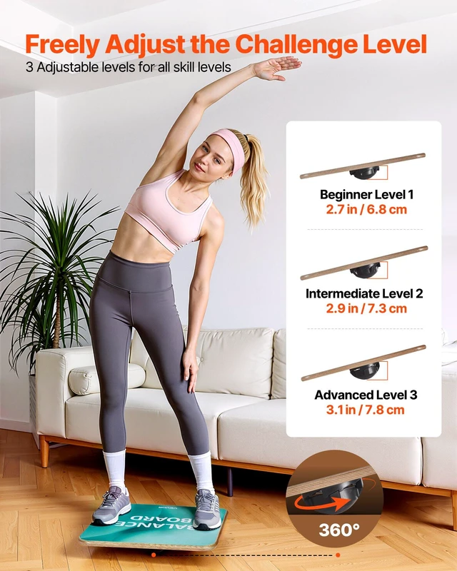 Alt view image 3 of 8 - VEVOR Balance Board, 360° Rotating Wobble Board Trainer for Adults 3-Level Adjustable, Wooden Balance Training Equipment, Slip-Resistant Surface for Core Workout, Standing Desk Exercise, Home Gym