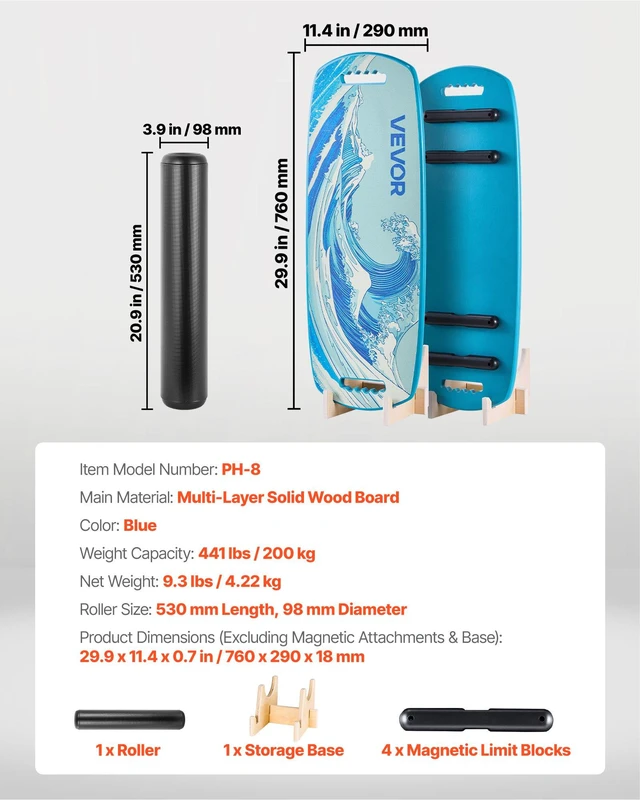Alt view image 7 of 8 - VEVOR Balance Board, Wobble Board Trainer for Adults, Premium Wooden Balance Training Equipment with Roller, Magnetic Stoppers, Storage Rack, for Core Workouts, Surf Trainer & Physical Therapy, Blue