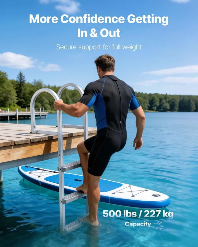 Alt view image 2 of 8 - VEVOR Removable Dock Ladder, 3 Steps, Aluminum Alloy Pontoon Boat Swim Ladder, with Non-Slip Wide PP Steps, 500 lbs Weight Capacity, Quick Release Design, for Lake Swimming, Pool, Marine Boarding