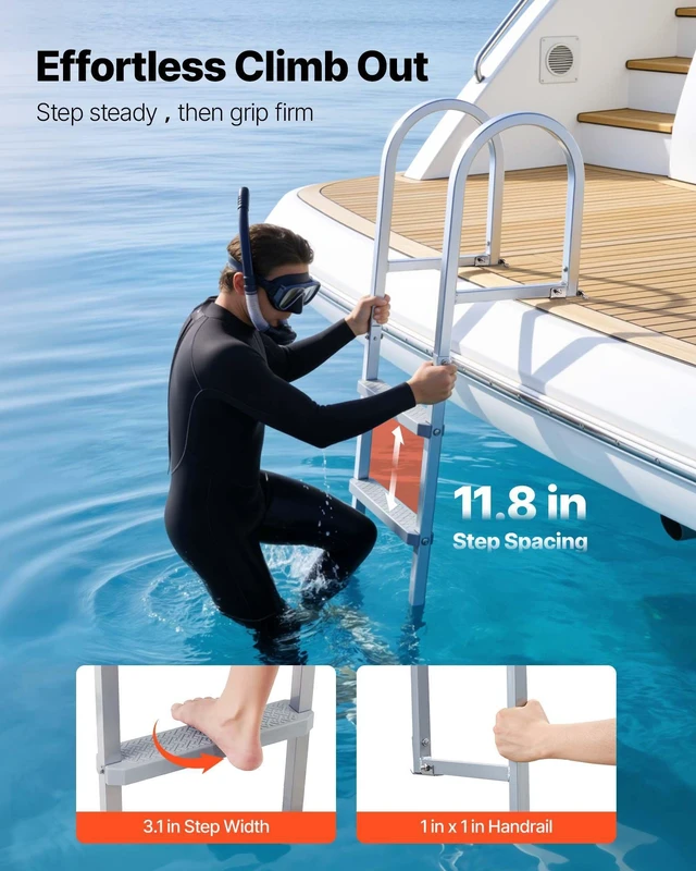 Alt view image 4 of 8 - VEVOR Removable Dock Ladder, 3 Steps, Aluminum Alloy Pontoon Boat Swim Ladder, with Non-Slip Wide PP Steps, 500 lbs Weight Capacity, Quick Release Design, for Lake Swimming, Pool, Marine Boarding