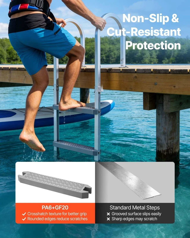 Alt view image 3 of 8 - VEVOR Removable Dock Ladder, 3 Steps, Aluminum Alloy Pontoon Boat Swim Ladder, with Non-Slip Wide PP Steps, 500 lbs Weight Capacity, Quick Release Design, for Lake Swimming, Pool, Marine Boarding