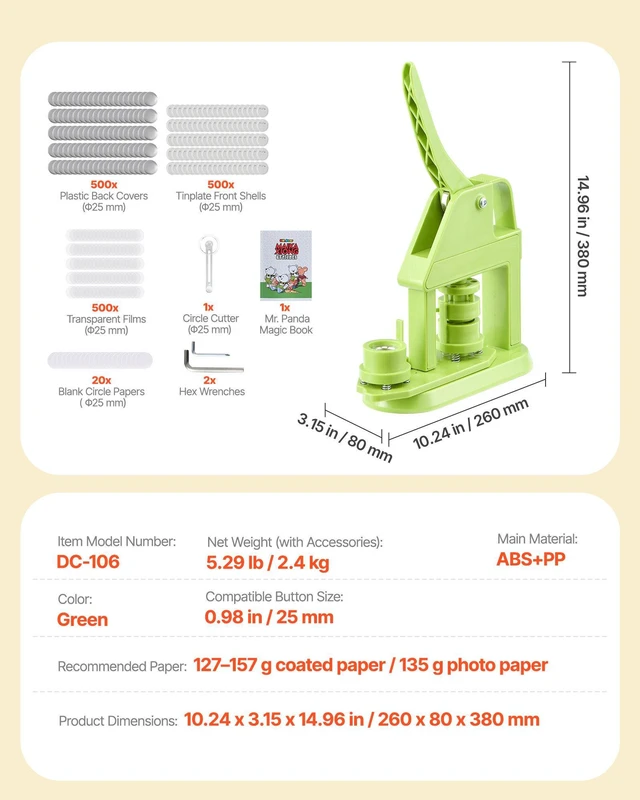 Alt view image 7 of 8 - VEVOR Button Maker Machine, 0.98 in, Plastic Pin Maker with 500pcs Button Parts, Mr. Panda Magic Book, Circle Cutter and Hex Wrenches, Reinforced Ergonomic Handle, for DIY Badges, Personalized Pins