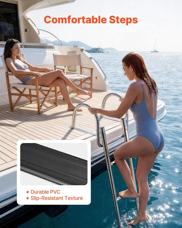 Alt view image 3 of 8 - VEVOR Boat Ladder, 4 Steps, Stainless Steel Telescoping Folding Swim Deck Ladder for Rear Entry Inboard, 600 lbs Capacity with Wide Anti-Slip Steps & Handrails, for Outboards, Yacht, Pontoon Boats
