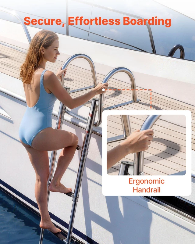 Alt view image 4 of 8 - VEVOR Boat Ladder, 4 Steps, Stainless Steel Telescoping Folding Swim Deck Ladder for Rear Entry Inboard, 600 lbs Capacity with Wide Anti-Slip Steps & Handrails, for Outboards, Yacht, Pontoon Boats