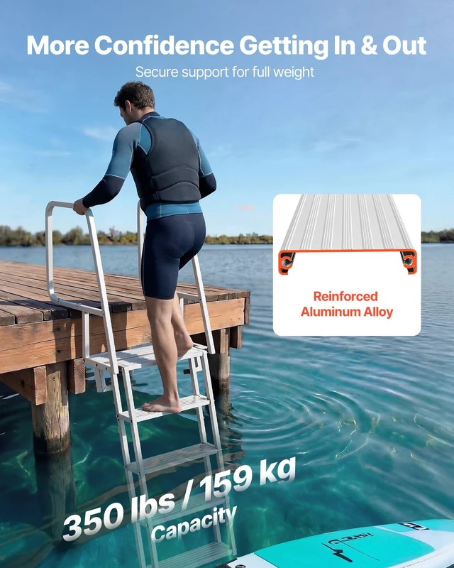 Alt view image 2 of 8 - VEVOR Flip-Up Dock Ladder, 5-Step, Heavy-Duty Aluminum Alloy Pontoon Boat Swim Ladder, with Non-Slip Wide Steps, 350 lbs Weight Capacity, Pull Rope Assist, Comfort Use for Lake Pool Marine Boarding