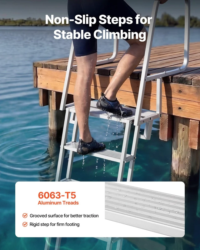 Alt view image 3 of 8 - VEVOR Flip-Up Dock Ladder, 5-Step, Heavy-Duty Aluminum Alloy Pontoon Boat Swim Ladder, with Non-Slip Wide Steps, 350 lbs Weight Capacity, Pull Rope Assist, Comfort Use for Lake Pool Marine Boarding