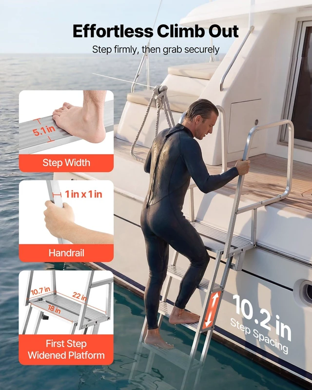 Alt view image 4 of 8 - VEVOR Flip-Up Dock Ladder, 5-Step, Heavy-Duty Aluminum Alloy Pontoon Boat Swim Ladder, with Non-Slip Wide Steps, 350 lbs Weight Capacity, Pull Rope Assist, Comfort Use for Lake Pool Marine Boarding