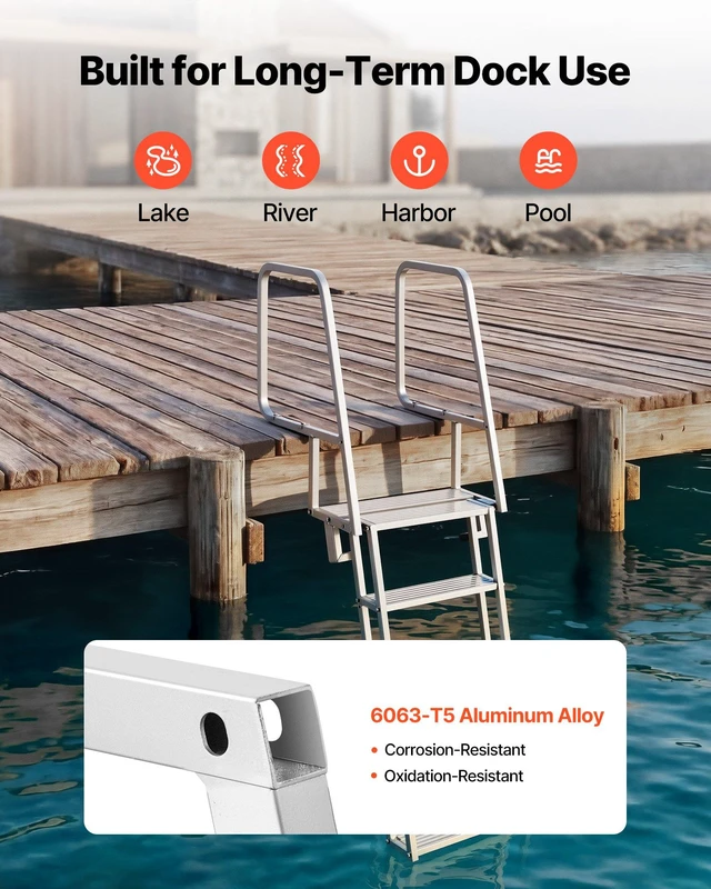 Alt view image 5 of 8 - VEVOR Flip-Up Dock Ladder, 5-Step, Heavy-Duty Aluminum Alloy Pontoon Boat Swim Ladder, with Non-Slip Wide Steps, 350 lbs Weight Capacity, Pull Rope Assist, Comfort Use for Lake Pool Marine Boarding