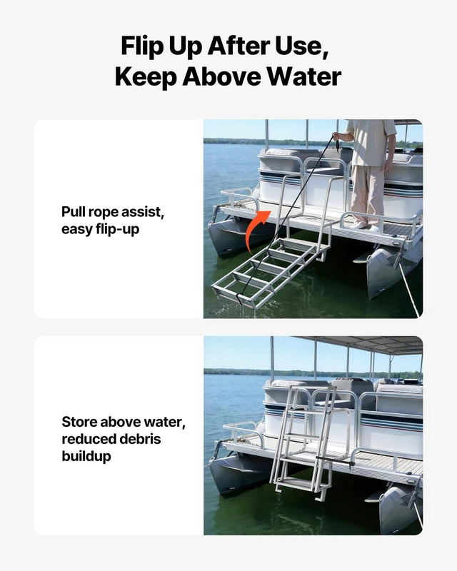Alt view image 6 of 8 - VEVOR Flip-Up Dock Ladder, 5-Step, Heavy-Duty Aluminum Alloy Pontoon Boat Swim Ladder, with Non-Slip Wide Steps, 350 lbs Weight Capacity, Pull Rope Assist, Comfort Use for Lake Pool Marine Boarding
