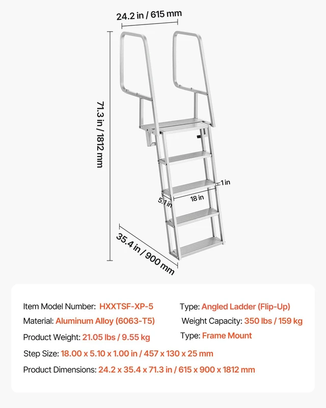 Alt view image 7 of 8 - VEVOR Flip-Up Dock Ladder, 5-Step, Heavy-Duty Aluminum Alloy Pontoon Boat Swim Ladder, with Non-Slip Wide Steps, 350 lbs Weight Capacity, Pull Rope Assist, Comfort Use for Lake Pool Marine Boarding