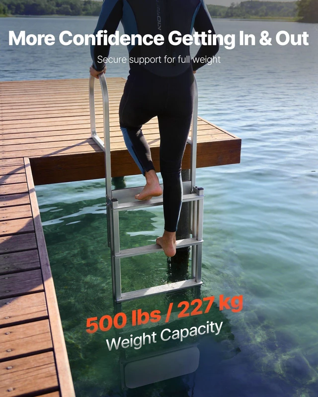 Alt view image 2 of 8 - VEVOR Retractable Dock Ladder, 5 Steps, Aluminum Alloy Pontoon Boat Swim Ladder with Auto-Lift Float, Non-Slip Wide Steps, 500 lbs Weight Capacity, Adjustable Height, for Lake Pool Marine Boarding