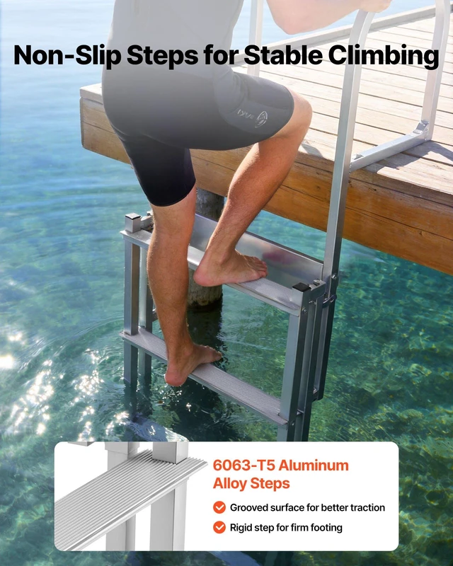 Alt view image 3 of 8 - VEVOR Retractable Dock Ladder, 5 Steps, Aluminum Alloy Pontoon Boat Swim Ladder with Auto-Lift Float, Non-Slip Wide Steps, 500 lbs Weight Capacity, Adjustable Height, for Lake Pool Marine Boarding