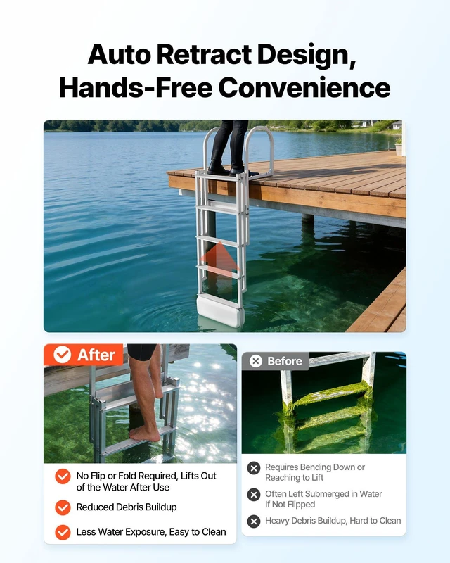 Alt view image 4 of 8 - VEVOR Retractable Dock Ladder, 5 Steps, Aluminum Alloy Pontoon Boat Swim Ladder with Auto-Lift Float, Non-Slip Wide Steps, 500 lbs Weight Capacity, Adjustable Height, for Lake Pool Marine Boarding