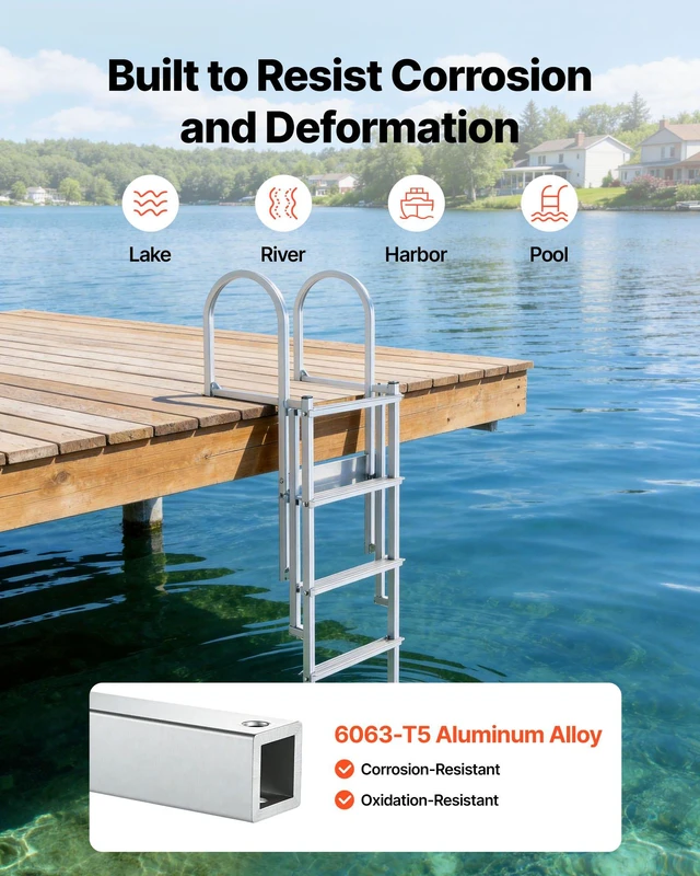 Alt view image 6 of 8 - VEVOR Retractable Dock Ladder, 5 Steps, Aluminum Alloy Pontoon Boat Swim Ladder with Auto-Lift Float, Non-Slip Wide Steps, 500 lbs Weight Capacity, Adjustable Height, for Lake Pool Marine Boarding