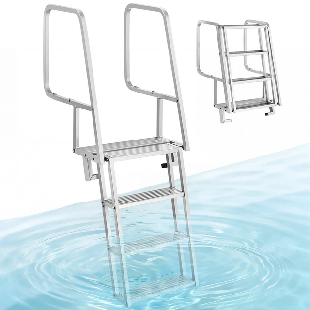Main image of VEVOR Flip-Up Dock Ladder, 4-Step, Heavy-Duty Aluminum Alloy Pontoon Boat Swim Ladder, with Non-Slip Wide Steps, 350 lbs Weight Capacity, Pull Rope Assist, Comfort Use for Lake Pool Marine Boarding