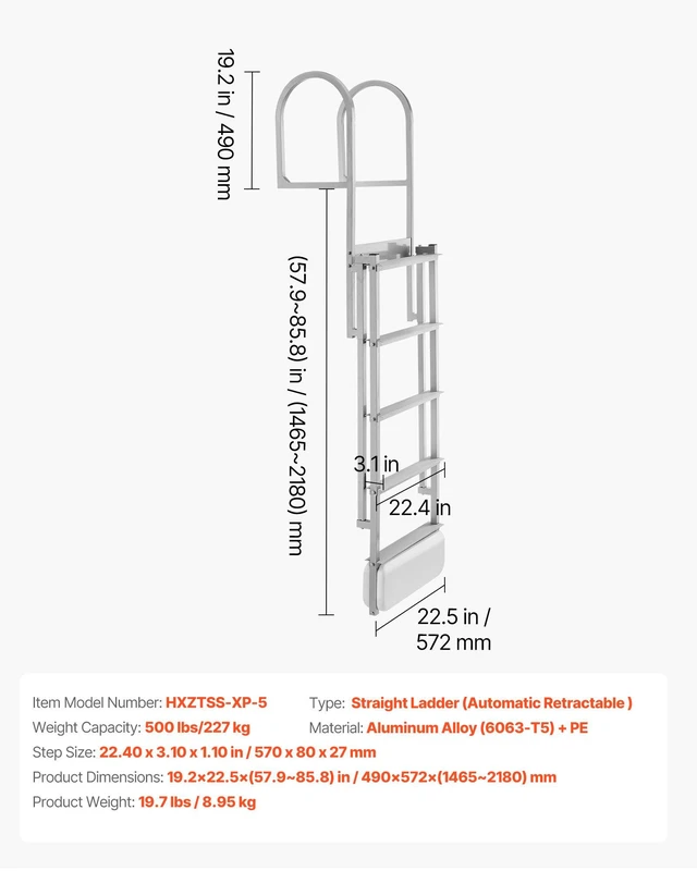 Alt view image 7 of 8 - VEVOR Retractable Dock Ladder, 5 Steps, Aluminum Alloy Pontoon Boat Swim Ladder with Auto-Lift Float, Non-Slip Wide Steps, 500 lbs Weight Capacity, Adjustable Height, for Lake Pool Marine Boarding