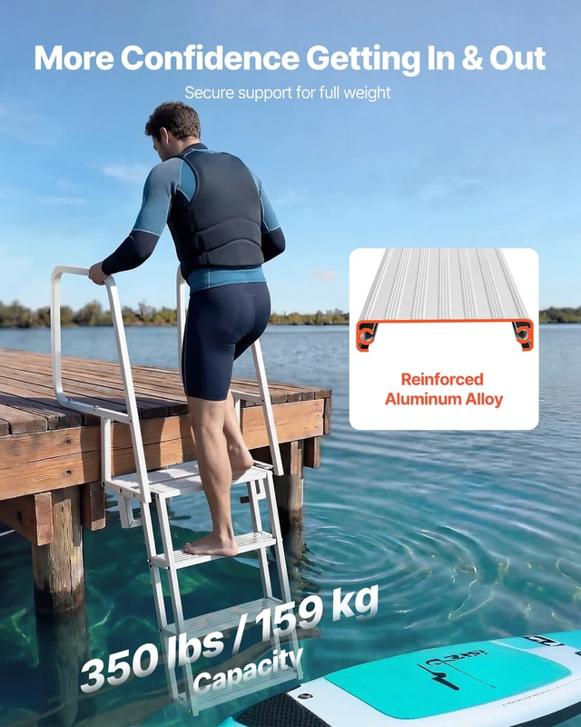 Alt view image 2 of 8 - VEVOR Flip-Up Dock Ladder, 4-Step, Heavy-Duty Aluminum Alloy Pontoon Boat Swim Ladder, with Non-Slip Wide Steps, 350 lbs Weight Capacity, Pull Rope Assist, Comfort Use for Lake Pool Marine Boarding