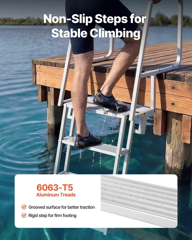 Alt view image 3 of 8 - VEVOR Flip-Up Dock Ladder, 4-Step, Heavy-Duty Aluminum Alloy Pontoon Boat Swim Ladder, with Non-Slip Wide Steps, 350 lbs Weight Capacity, Pull Rope Assist, Comfort Use for Lake Pool Marine Boarding