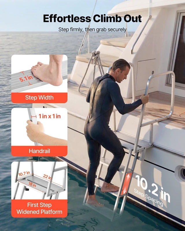 Alt view image 4 of 8 - VEVOR Flip-Up Dock Ladder, 4-Step, Heavy-Duty Aluminum Alloy Pontoon Boat Swim Ladder, with Non-Slip Wide Steps, 350 lbs Weight Capacity, Pull Rope Assist, Comfort Use for Lake Pool Marine Boarding