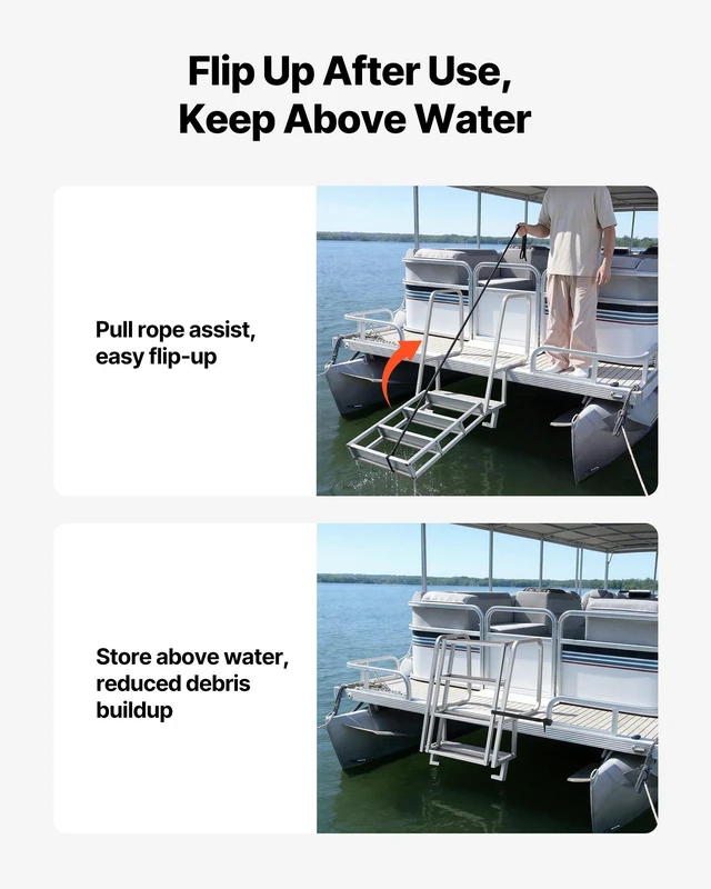 Alt view image 6 of 8 - VEVOR Flip-Up Dock Ladder, 4-Step, Heavy-Duty Aluminum Alloy Pontoon Boat Swim Ladder, with Non-Slip Wide Steps, 350 lbs Weight Capacity, Pull Rope Assist, Comfort Use for Lake Pool Marine Boarding