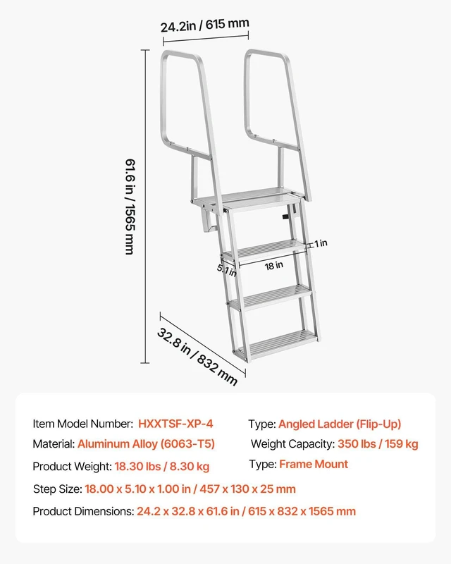 Alt view image 7 of 8 - VEVOR Flip-Up Dock Ladder, 4-Step, Heavy-Duty Aluminum Alloy Pontoon Boat Swim Ladder, with Non-Slip Wide Steps, 350 lbs Weight Capacity, Pull Rope Assist, Comfort Use for Lake Pool Marine Boarding