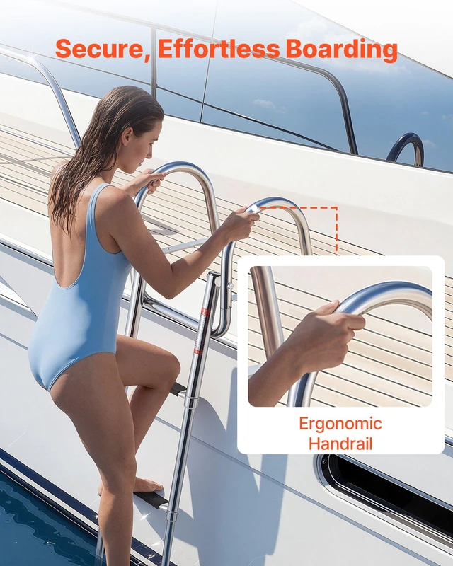 Alt view image 3 of 7 - VEVOR Boat Ladder, 3 Steps, Stainless Steel Telescoping Folding Swim Deck Ladder for Rear Entry Inboard, 600 lbs Capacity with Wide Anti-Slip Steps & Handrails, for Outboards, Yacht, Pontoon Boats